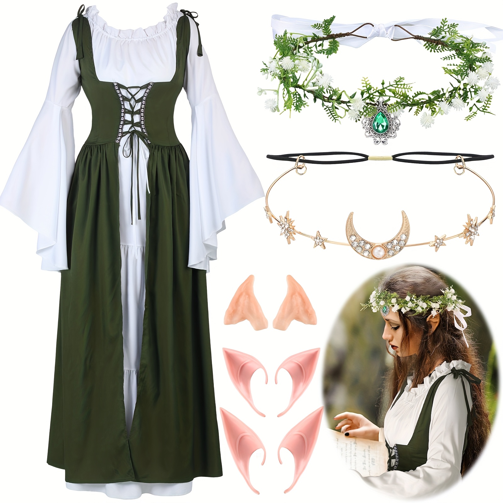 Women's Medieval Fairy Renaissance Costume Dress with Elf Ears, Moon Head  Chain & Woodland * - Light Green * Attire for Renaissance * Carnivals,  (2XL/3XL) - Complete Role-Play Outfit for Parties & ...