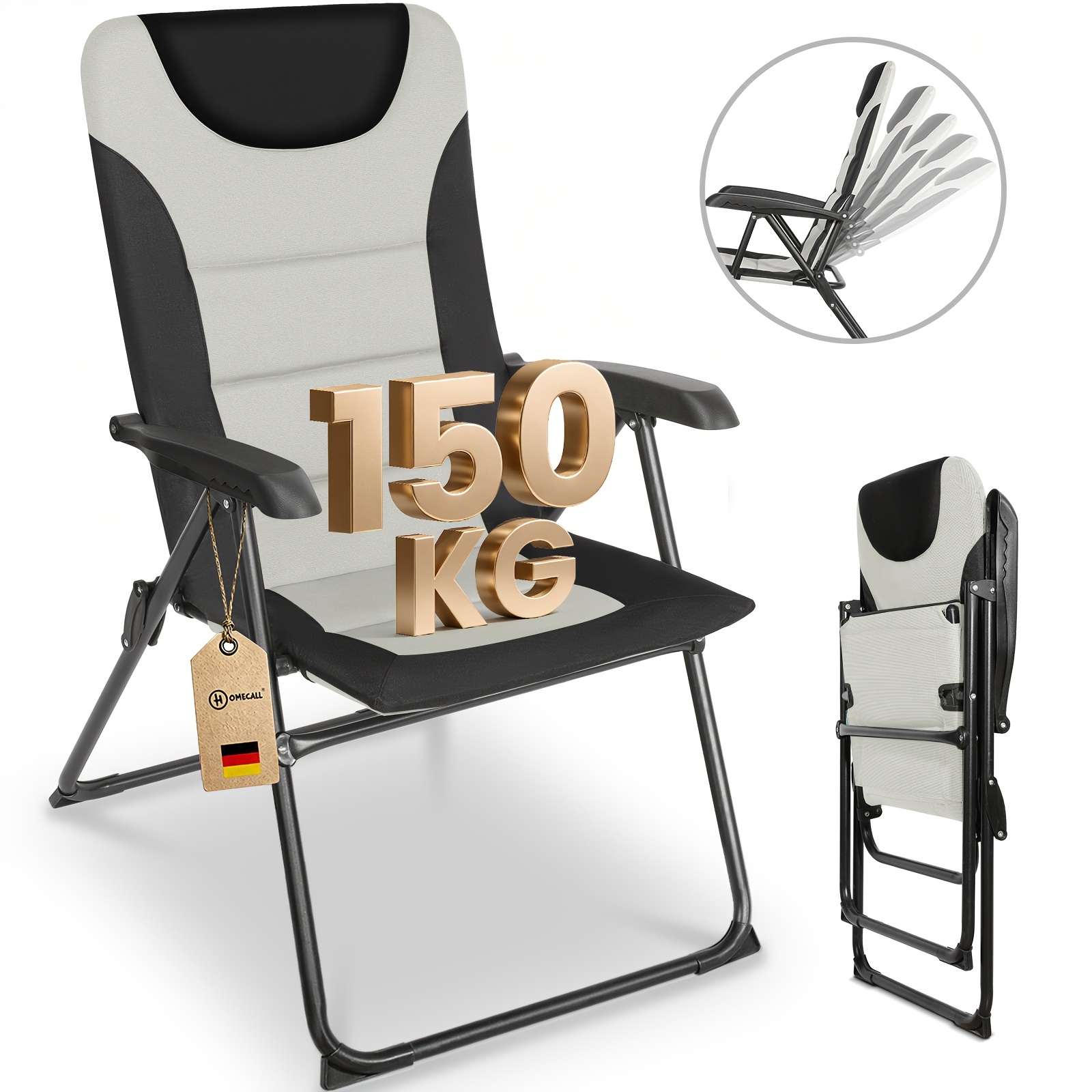 Homecall Folding Camping Chair With Padded Adjustable Backrest, White/black