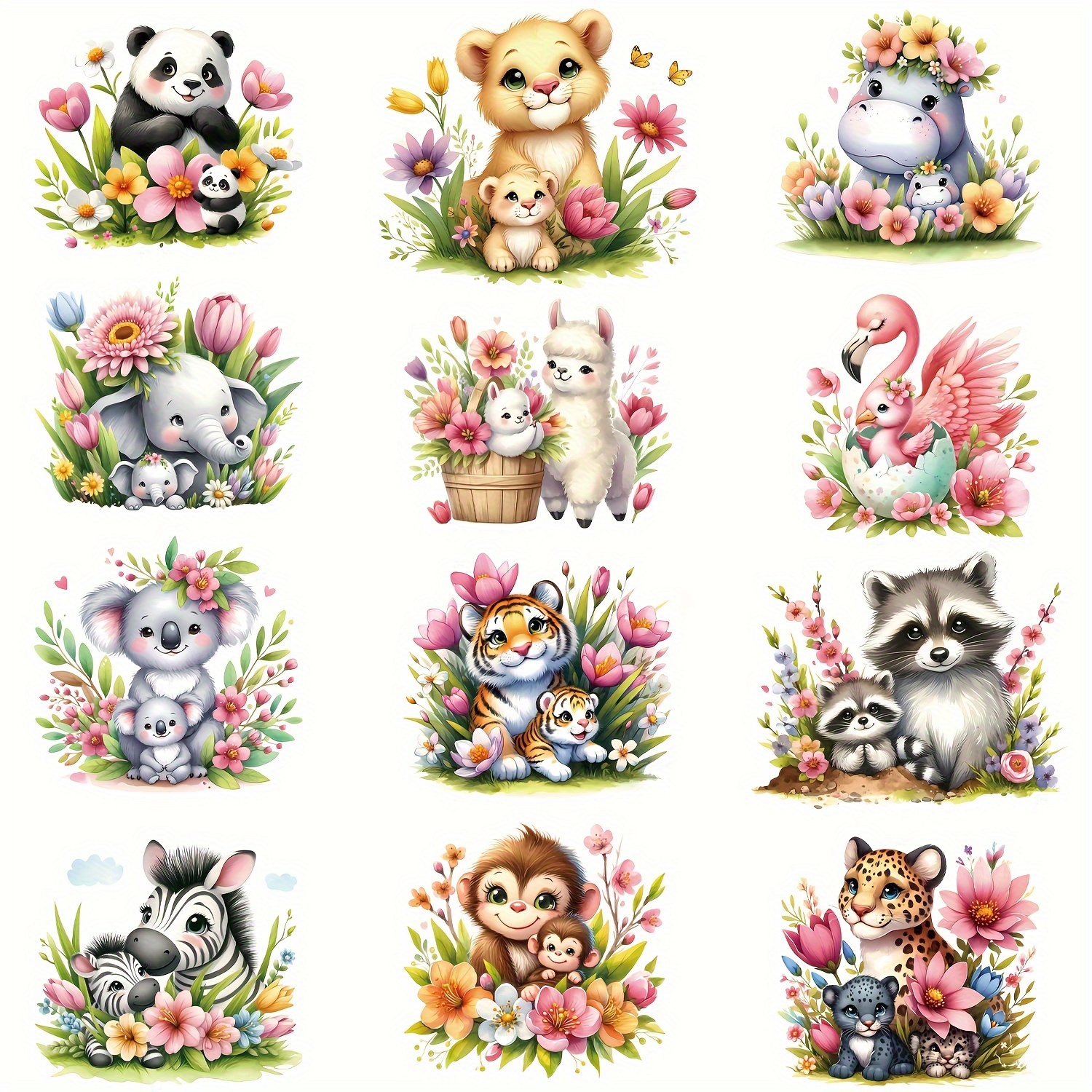 

12pcs Cute Animal & Floral Iron-on Vinyl Patches, Heat Press Decals For Diy T-shirts, Jeans, Hoodies, Handbags & Pillows, Pocket Size Transfers For Mother's Day