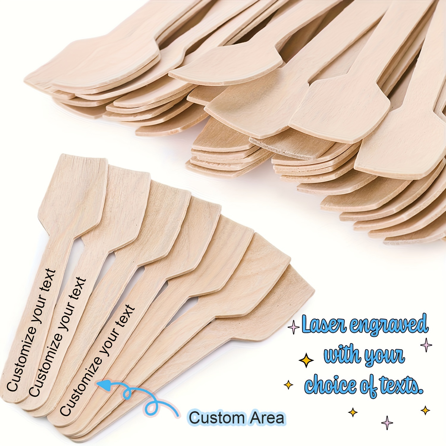 Image of 200pcs Of Personalized Laser-engraved Wooden Dessert Spoons, Disposable Tasting Square Spoons For Bath Salts, Teaspoons For Honey, Suitable For Christmas, Birthdays, Weddings, Coffee Dessert Dining