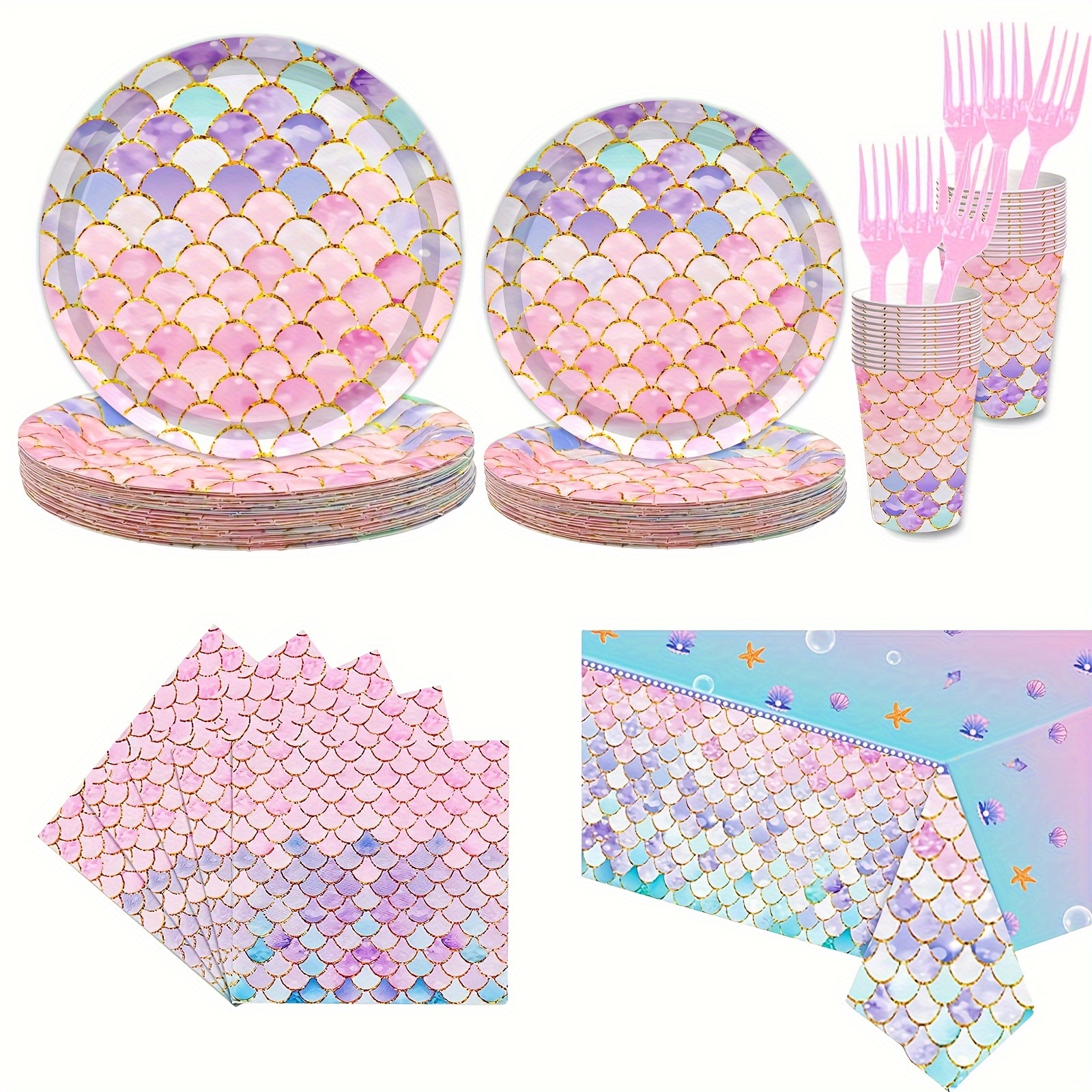 

121pcs, Mermaid Birthday Party Supplies Decorations, Mermaid Cutlery Set Includes Mermaid Plates & Napkins Party Supplies Tablecloths Cup Forks Ocean Party Supplies For 24 People
