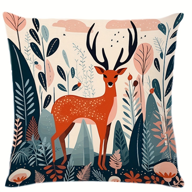   forest deer and mushroom polyester throw pillow cover contemporary woven style for   room bedroom and sofa decor zipper closure hand wash only pillow insert not included details 5