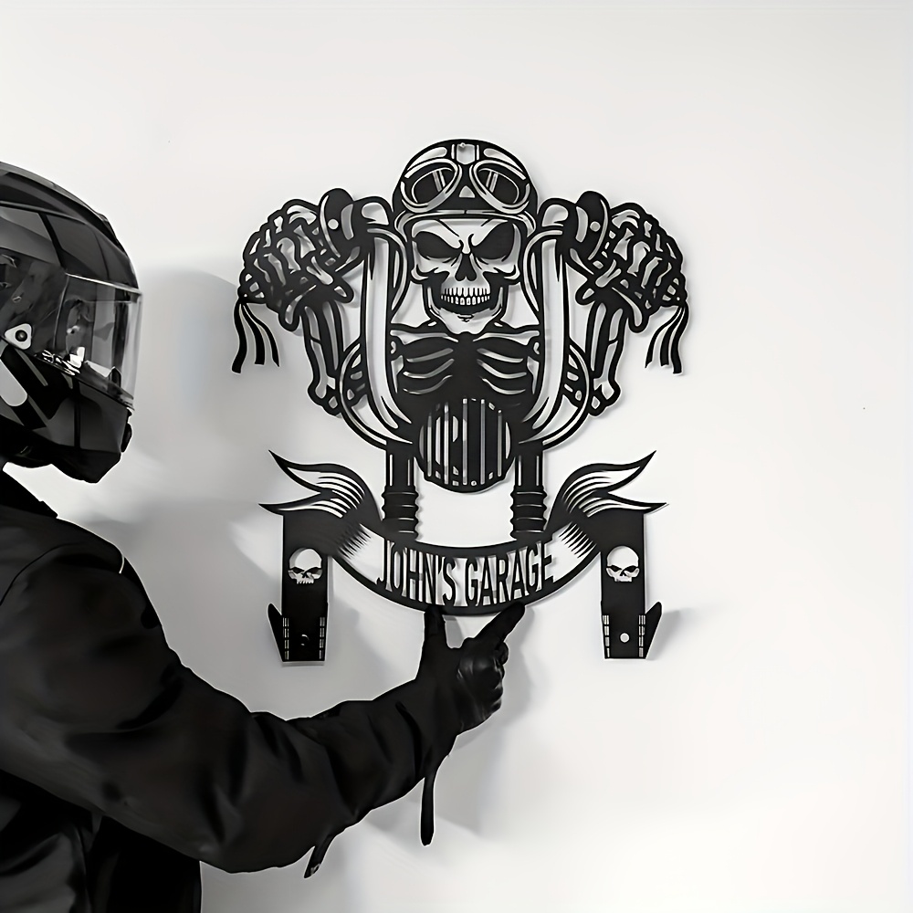 1pc Bohemian Style Metal Wall Art - Skull Motorcycle Rider with Goggles & Leather Jacket Design | Personalized Name Option | Durable Black & White Decor for Biker Bars & Home | Ideal Gift for Motorcycle Enthusiasts | Bohemian Decor
