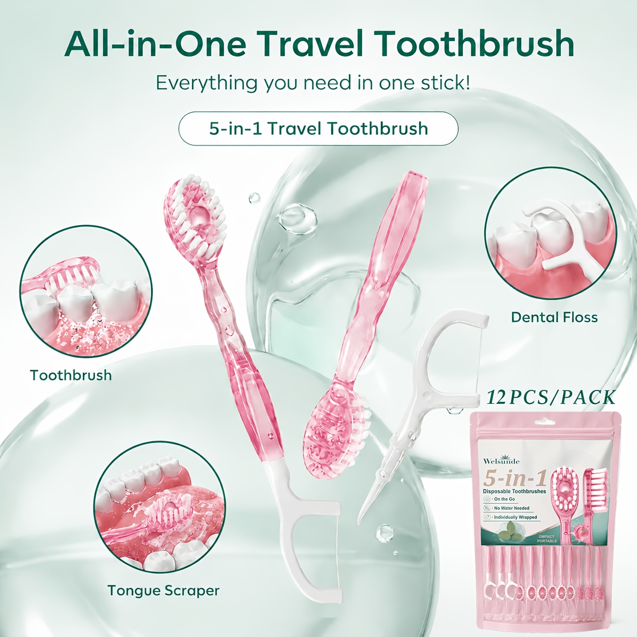 12pcs 5-In-1 Peach Pop Beads Travel Toothbrush Set