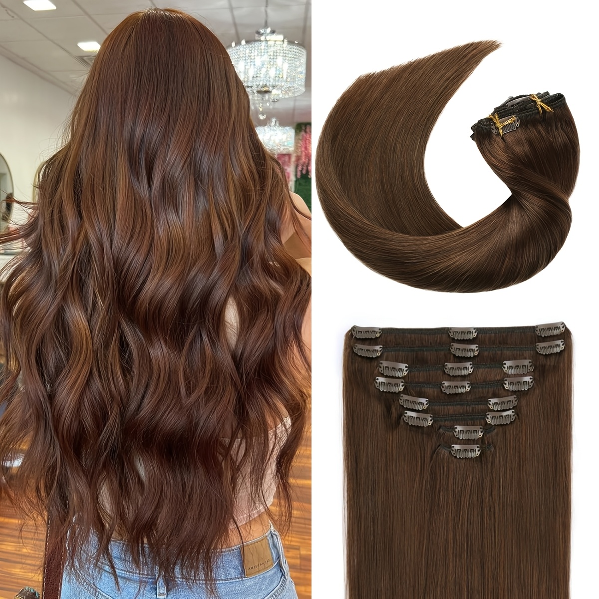 Image of Clip In Hair Extensions Human Hair, #4 Chocolate Brown 8pcs Soft Human Hair Clip In Extensions Straight For Women, Suitable For All Hair Types And Not Easy To Fall Off
