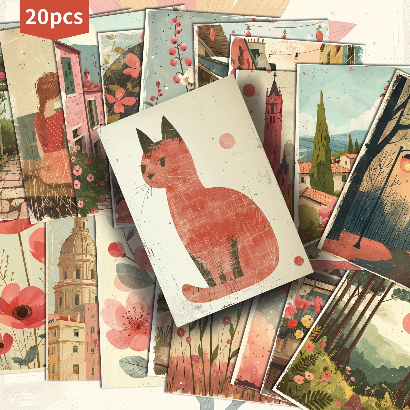 TEMU 20-pack Asstss Vintage Cat & Cityscape Postcards - 4x6 Inch Mermaid Junk Journal Paper With Classic Pinup Illustrations, Whimsical Cartoon Cats