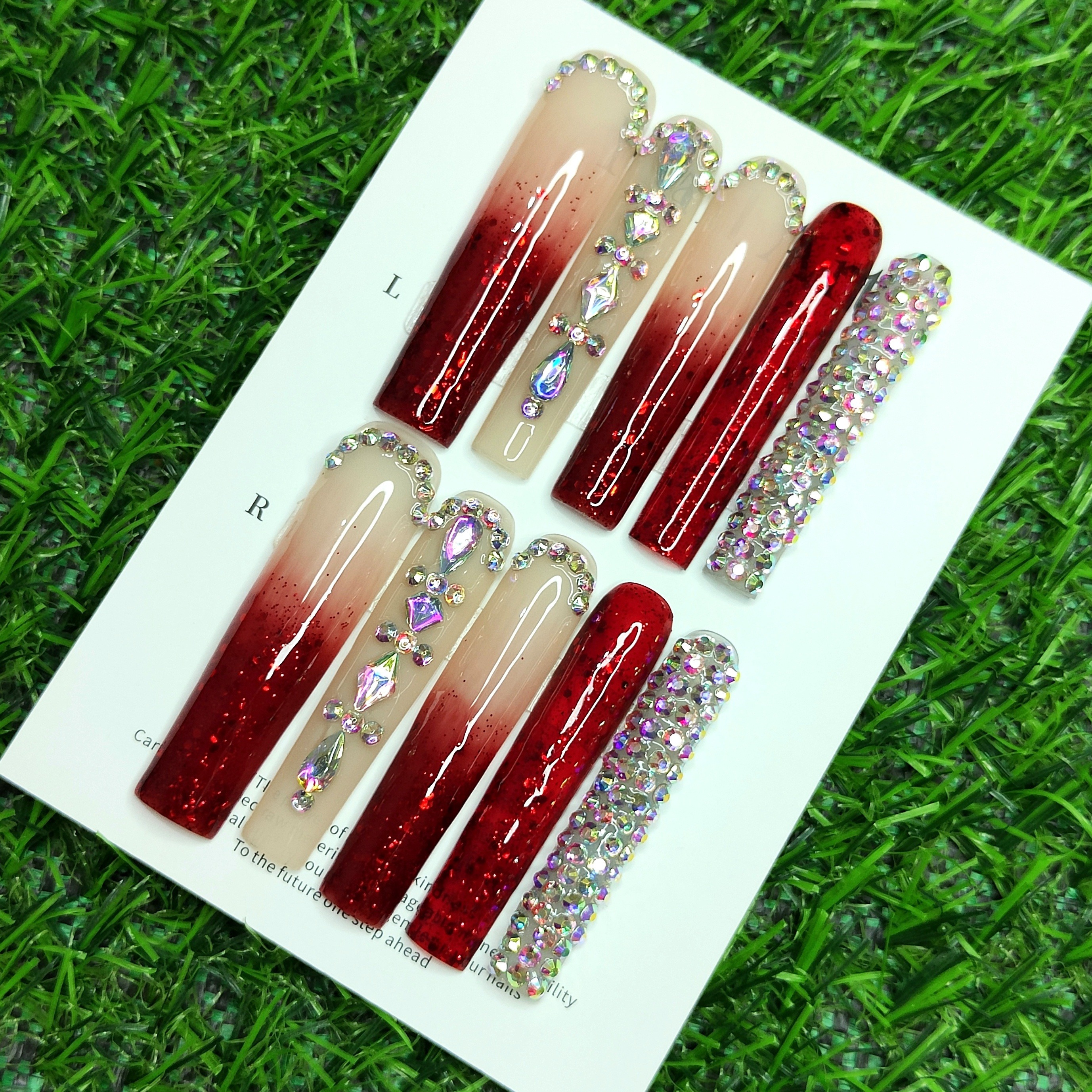 

10pcs Handcrafted Press-on Nails Set - Strawberry Red Gradient With Sparkling Rhinestones, Long , Reusable With Tool Kit Included