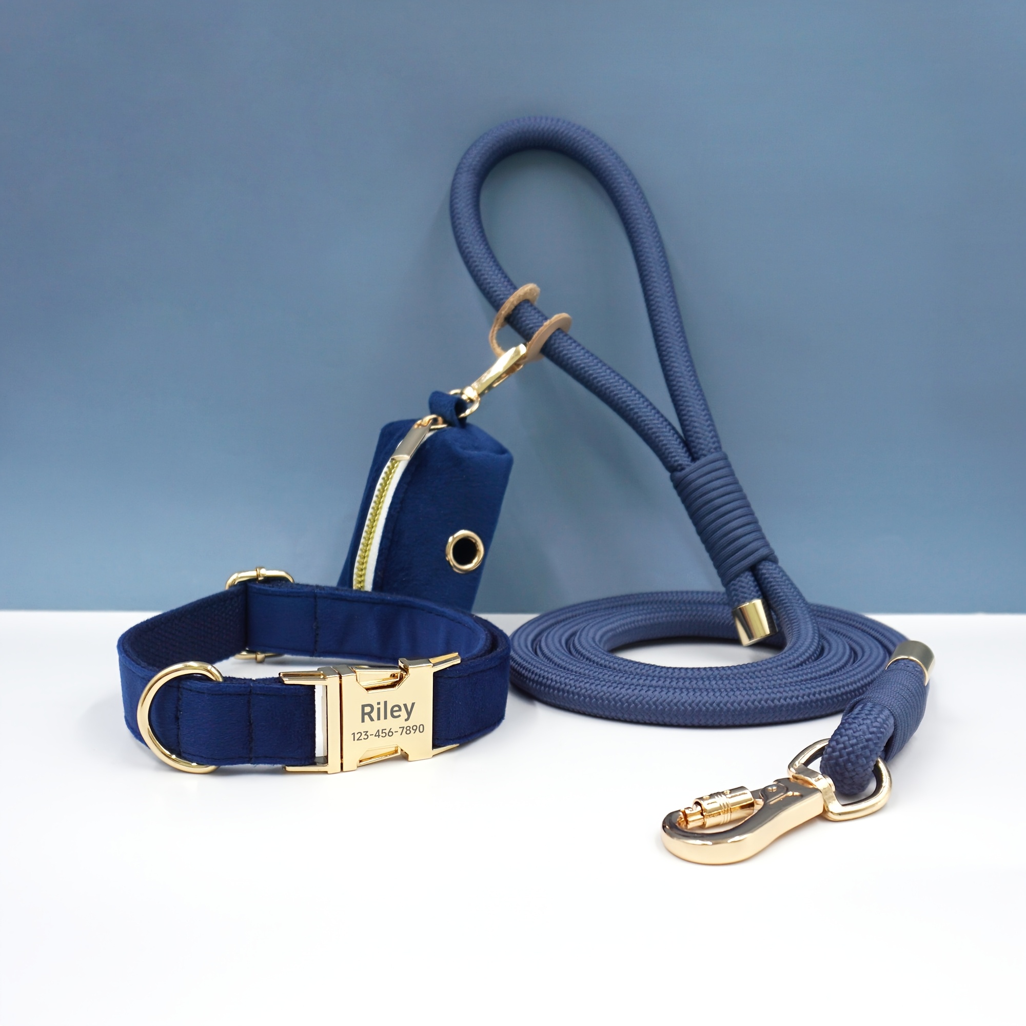 Customizable Soft and Comfortable Velvet Pet Dog Collar with High-Tensile Zinc Alloy Hook Buckle, Hand-Woven Round Rope Waste Bag Set. Free Laser Engraving of Pet Dog's Name and Owner's Phone Number. Dog Birthday Gift, Wedding Gift, Christmas Gift