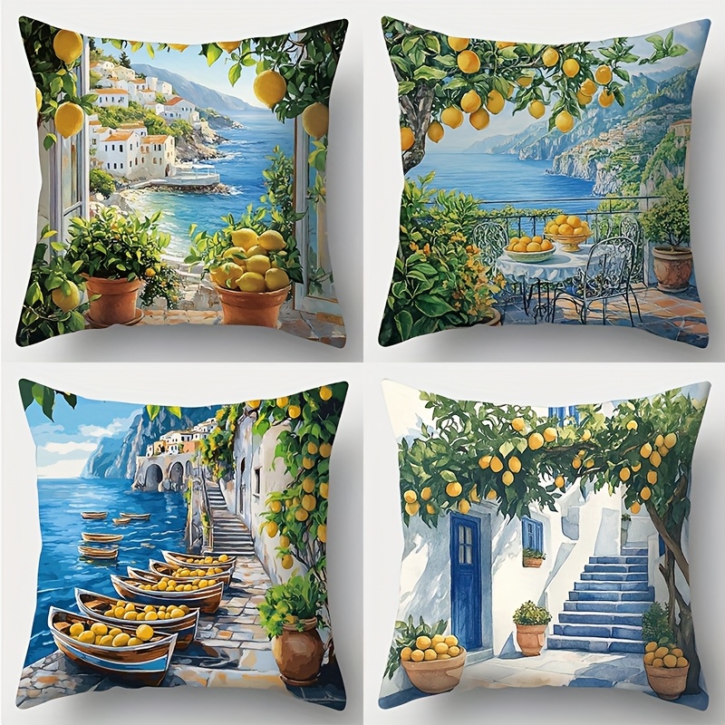 TEMU Federe stampate piatte 2D, confezione da 4, motivo limone e paesaggio , per un' e confortevole. Ideali per quotidiani, festivi, decorazioni per