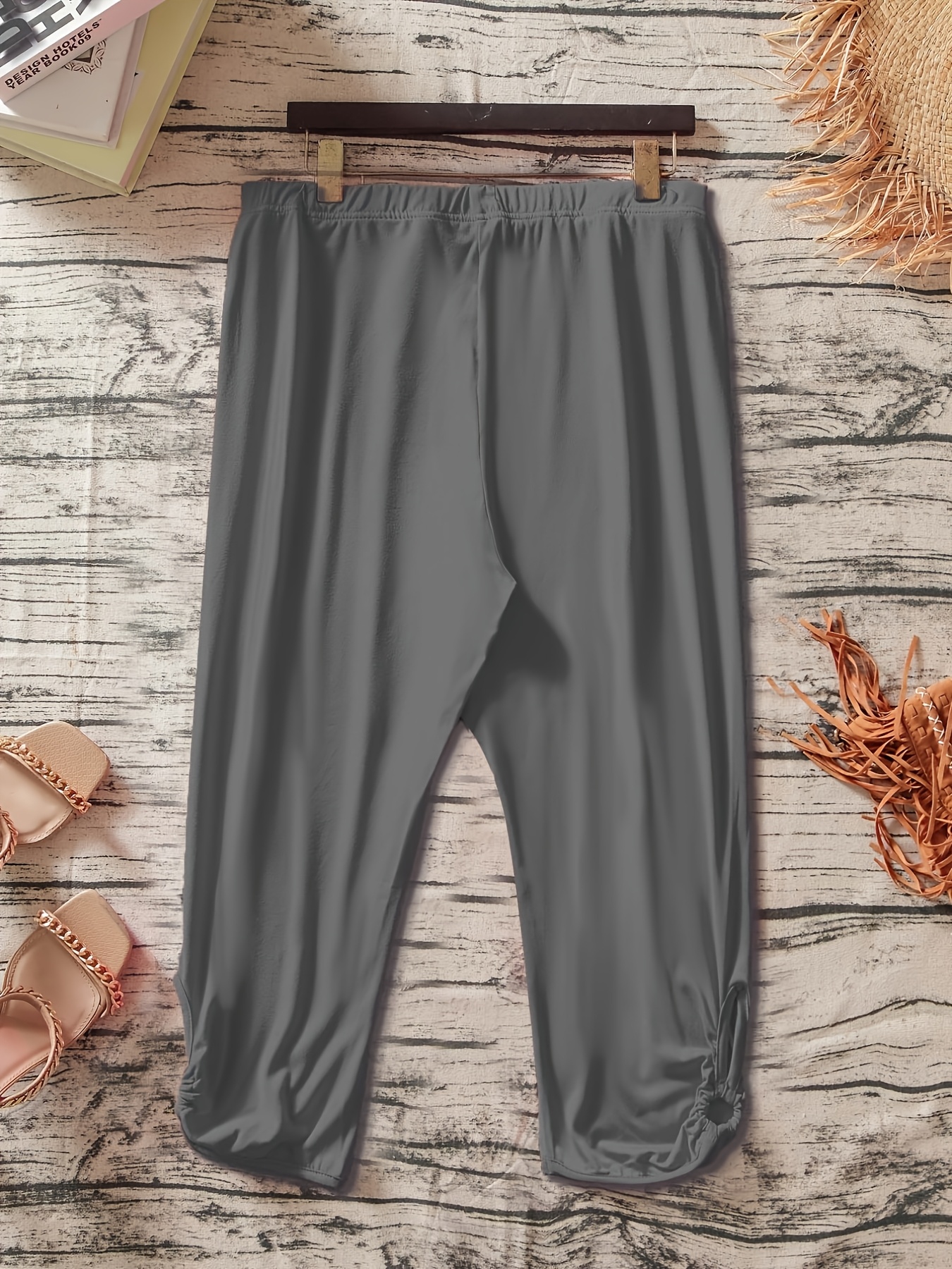 Women's Plus Size Stretchy Casual Pants - Solid Color Black, Elastic Waistband, Comfort Fit, Polyester, Machine Washable - Ideal for Spring/Summer/Fall