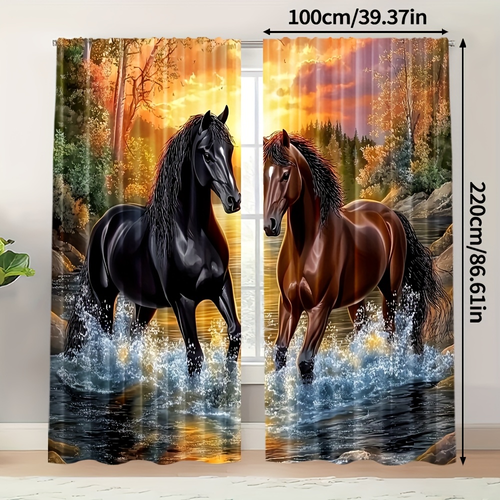 TEMU Ensemble de 2 rideaux transparents avec un motif de cheval au coucher dans une , en polyester. Parfaits pour la décoration saisonnière de dans