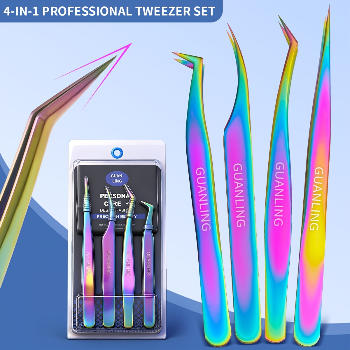 TEMU 4pcs Eyelash Extension Tweezer Set: Tweezers, Dolphin Tweezers, Straight Pointed Tweezers. High-precision , Professional-grade Stainless Steel