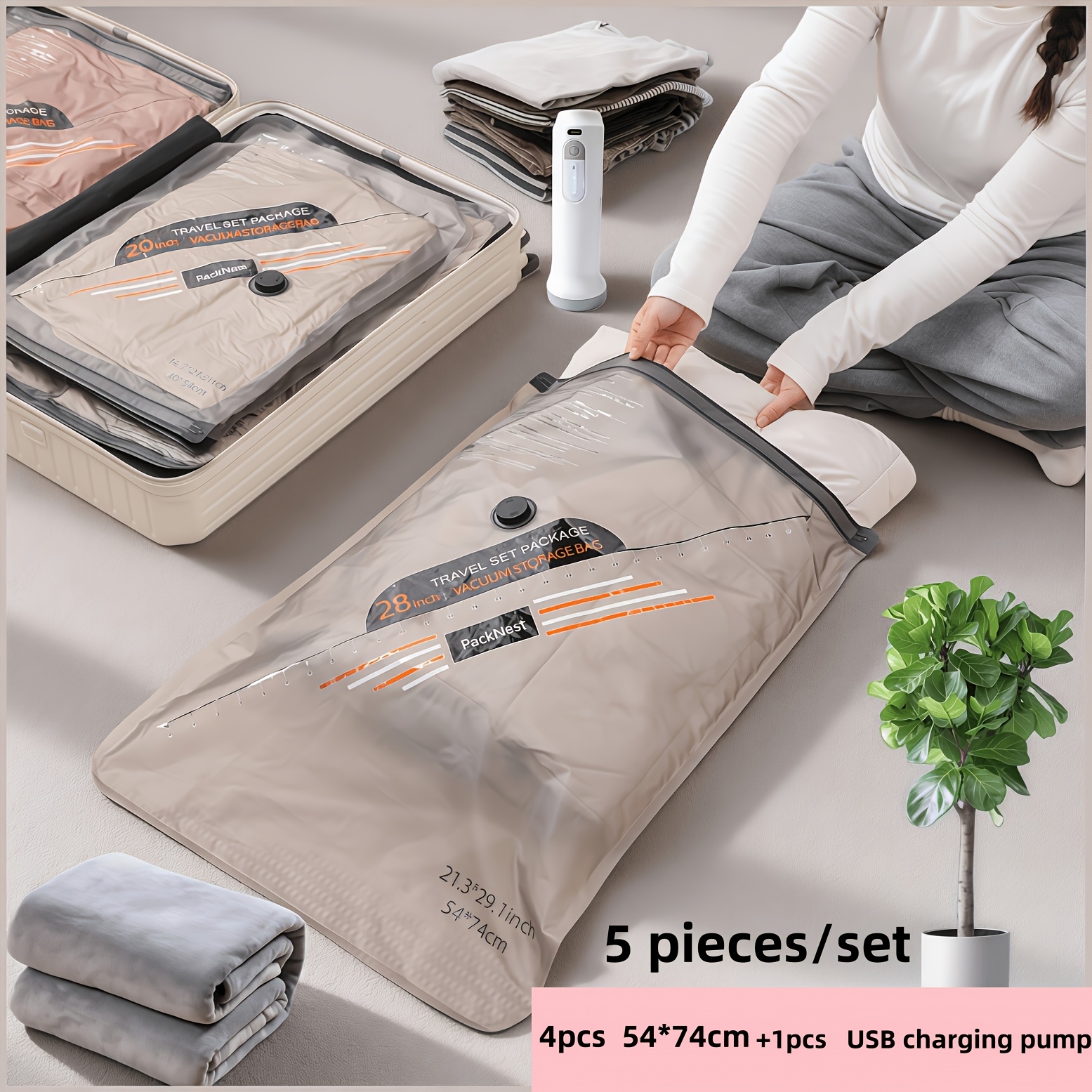 TEMU 5pcs/set Usb Charging Style Electric Pump, Craft - Vacuum Compression Bags - Vacuum Storage Bags With Electric Pumps Connects Via Usb -