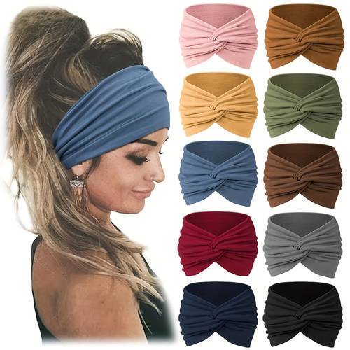 10pcs wide headbands for women bohemian knotted hair wraps non slip elastic bands in assorted colors for yoga running sports head bands hair accessories