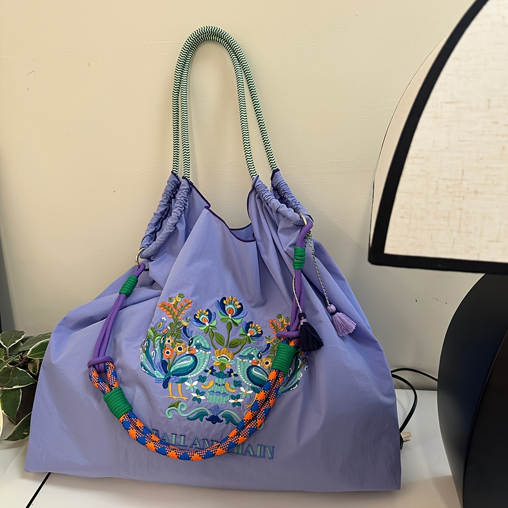 Image of Lightweight Nylon Peacock Embroidery Handbag With Adjustable Strap - Large Capacity Crossbody/purse Suitable For Travel,, - Elegant Casual Bag With Peacock Embroidery (adjustable Strap)