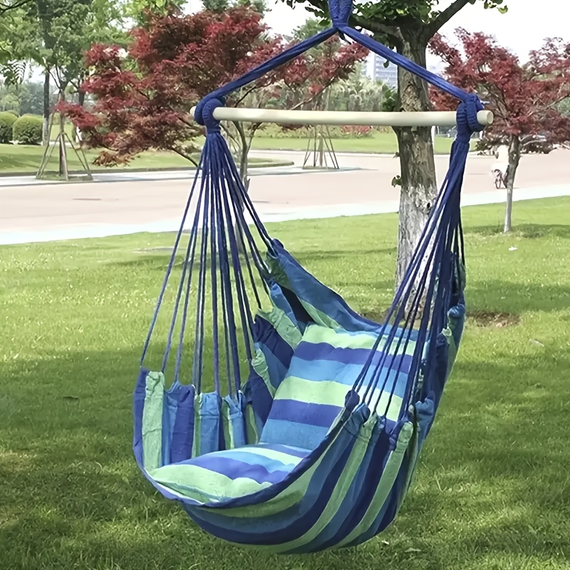 

1pc Striped Canvas Chair - Indoor/outdoor Hanging Rope Swing With Wooden Rod, Porch, Bedroom, Or Garden Relaxation, Porch Swing Seat| | Relaxation Chair