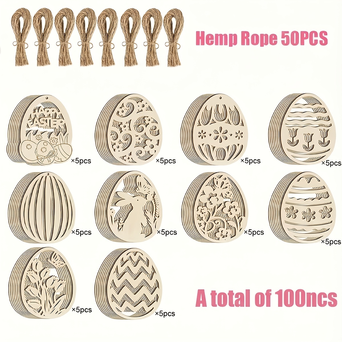 Image of 100 Wooden Easter Eggs [50 Egg Pieces + 50 Strands Of Rope] | Blank Craft Eggs With Rope, For Artistic Creation, Classic Easter Decorations And Hanging Ornaments