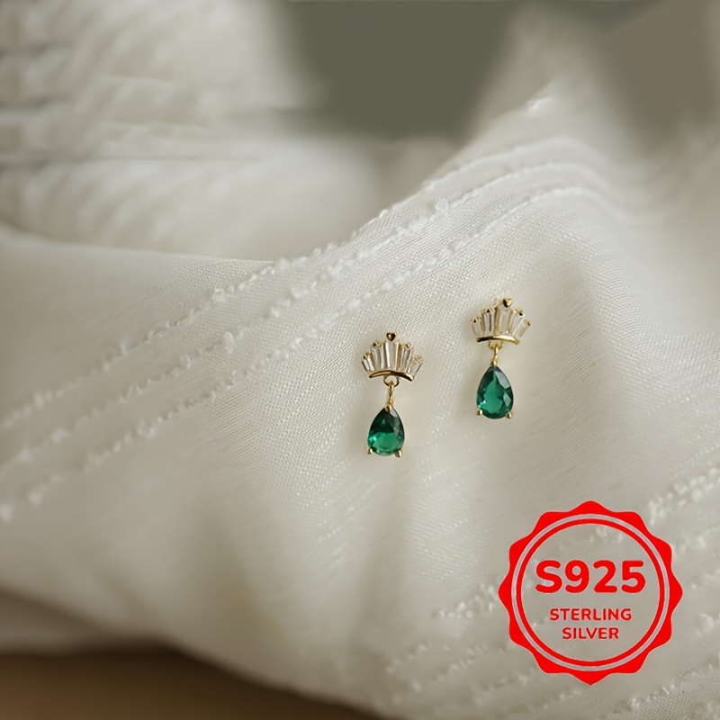 925 Silver Crown Stud Earrings with Green Zirconia
