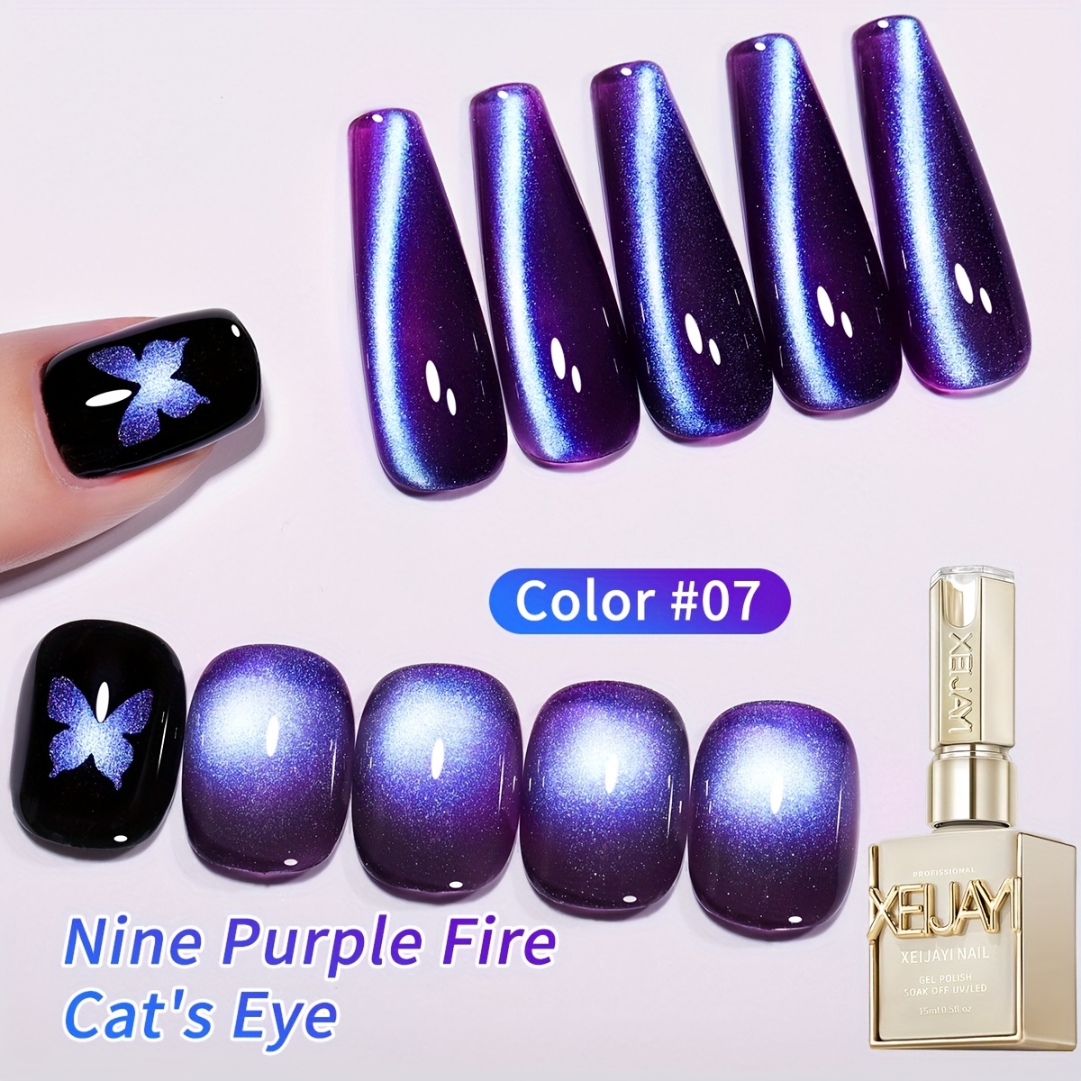 Image of Fashion Premium Purple Cat Eye Nail Holographic Nail Art Design 15ml Reflective Cat Eye Magnetic Gel Soak Led Gel Salon Ladies Nail Art Tool