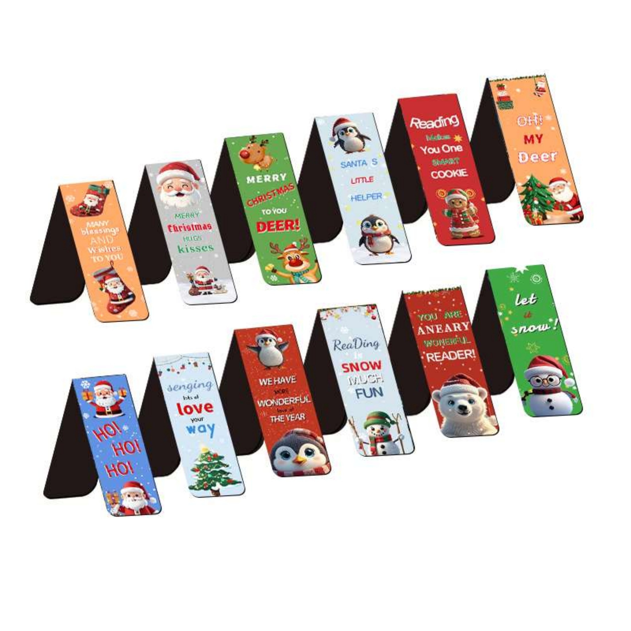 Image of 12pcs Santa Claus Magnetic Bookmarks - Colorful Christmas Character Designs, Gift Tags For Students, Teachers & Book Enthusiasts