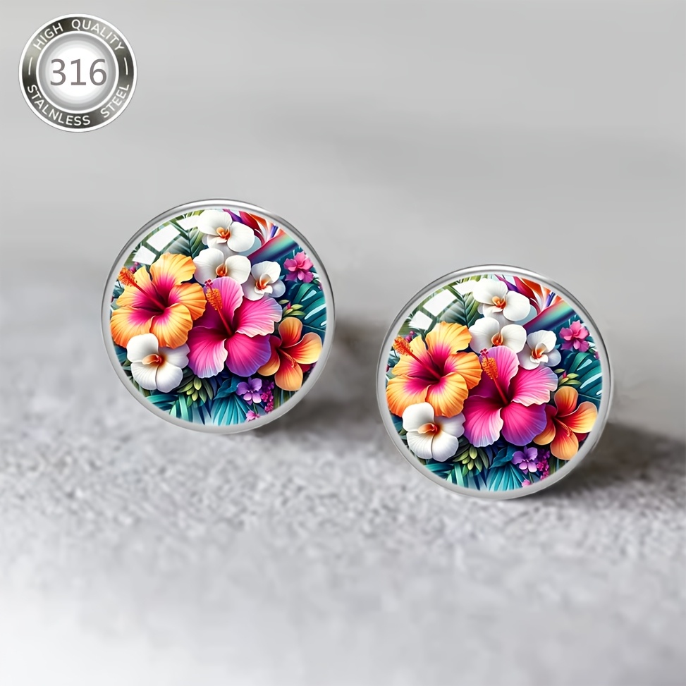 Women's Vibrant Hibiscus Flower Stud Earrings, Hypoallergenic