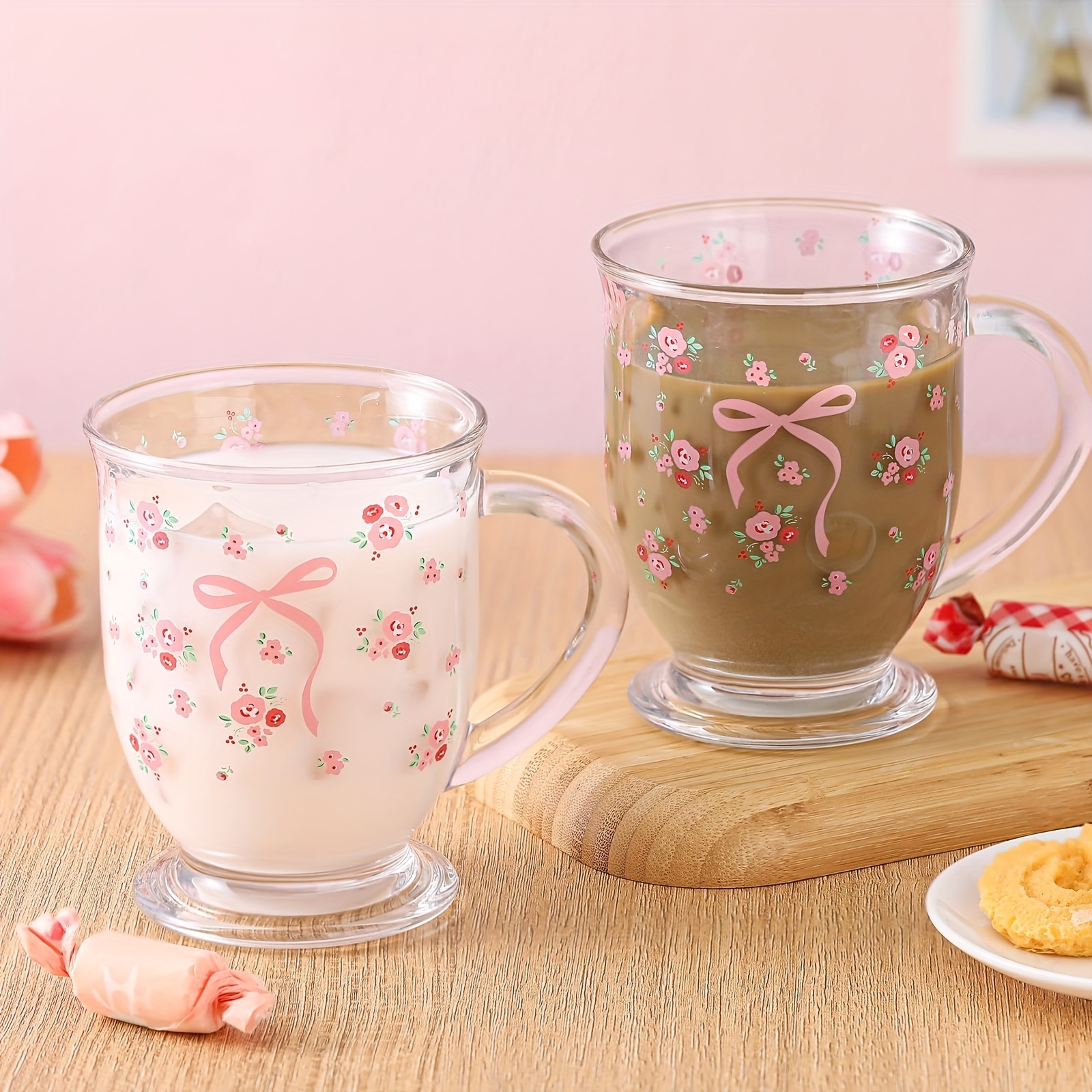 pink bow glass cup handle bow aesthetic cup 15oz coffee mug - Temu