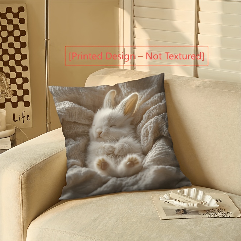TEMU 1pc Easter Fluffy White Angora Rabbit Sleeping On Soft Blanket Pillowcase, Machine Washable, Suitable For Living Room, Bedroom, Sofa, And Bed -