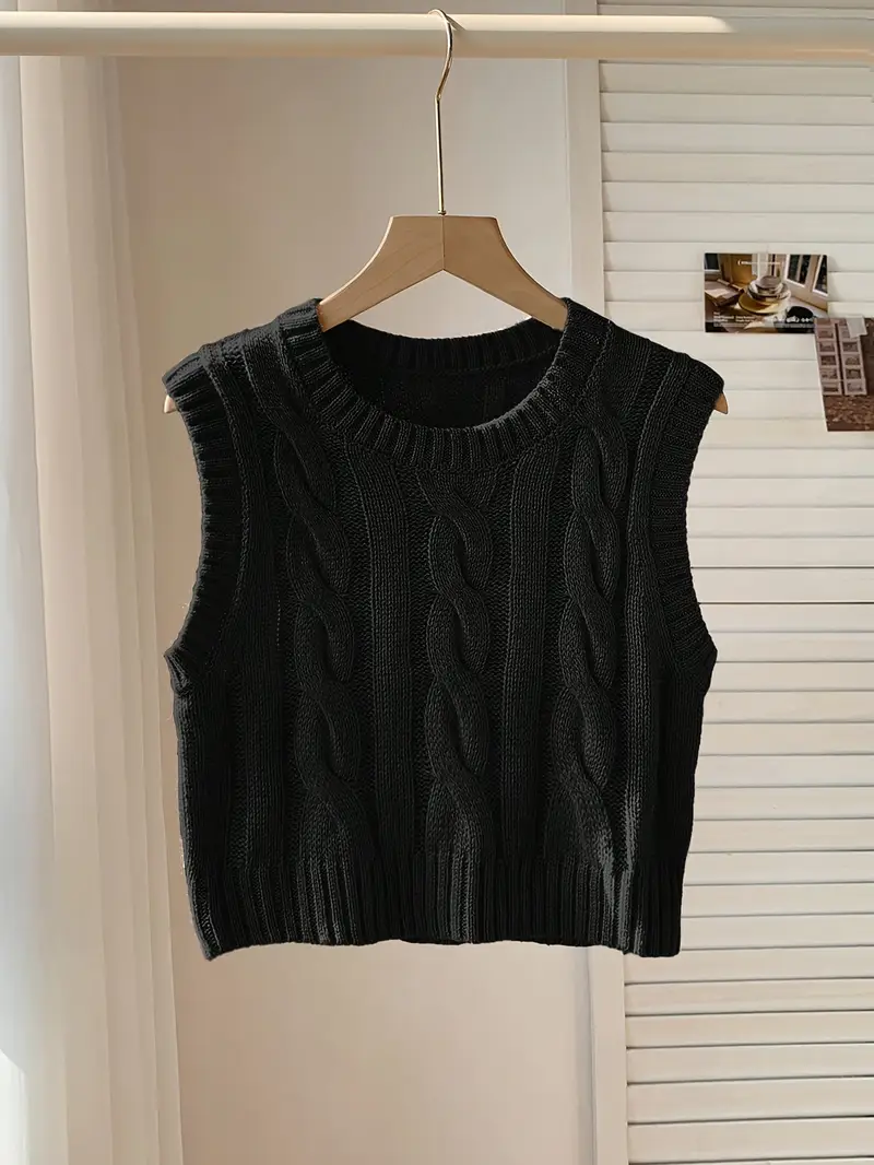 gilet élégant pour femme à col rond manches - noir, lavable en machine, coupe standard de longueur courte pour printemps été automne, tenue décontractée polyvalente, mode saisonnière, design torsadé, tissu confortable Détails du produit 1