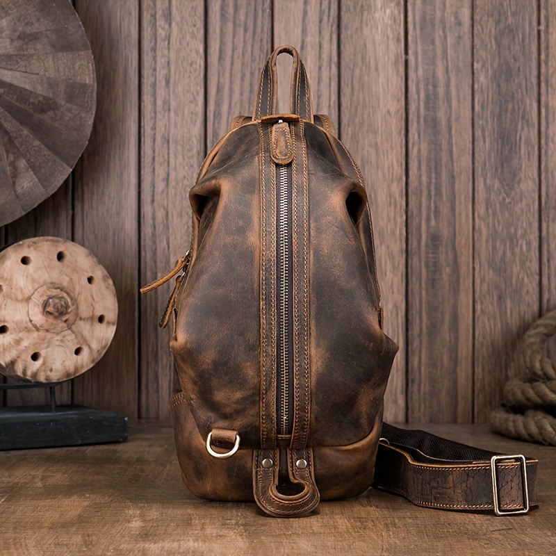 

Men' Genuine Leather Sling Bag - Adjustable Strap, Vintage Style Crossbody Chest Pack For Daily & Travel