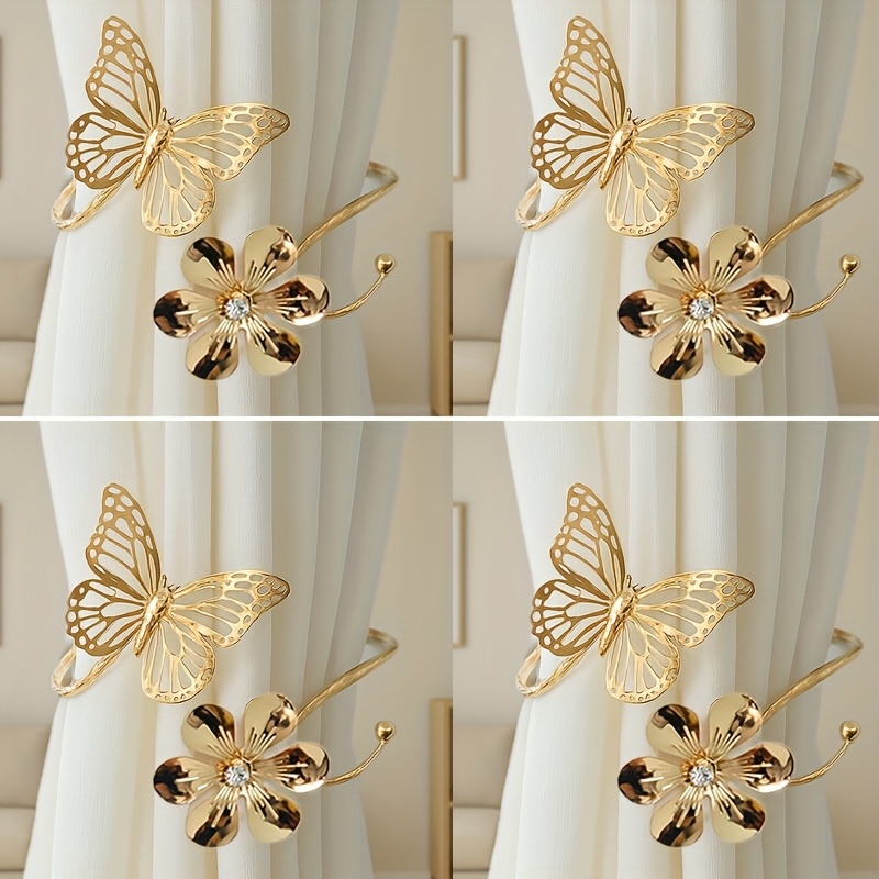 TEMU 4pcs Set High-value Alloy Flower Curtain Tiebacks No Punching Curtain Clips Hotel Home Universal Decorative