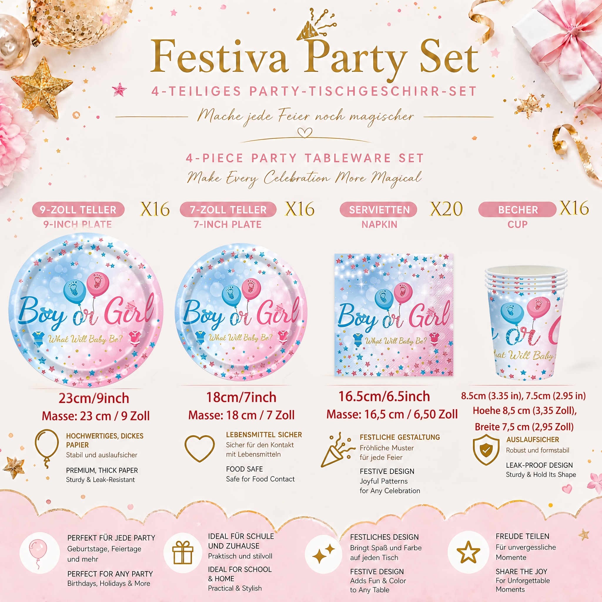 Image of 32/52/68pcs Gender Reveal Themed Party Supplies Tableware Set For Shower, Birthday Celebration Design, Holiday, Suitable For Daily Use, Gender Reveal Themed Gatherings, Outdoor Picnic Party Packs