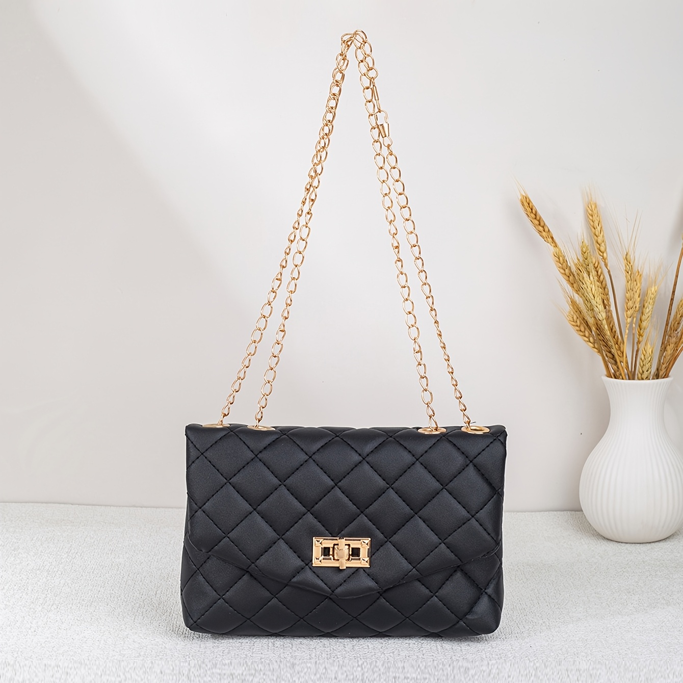 TEMU Women's Elegant Rhombus Quilted Single-shoulder Bag Suitable For Workplace & Commuting, Pvc Material With Adjustable Strap & Twist Lock Closure,