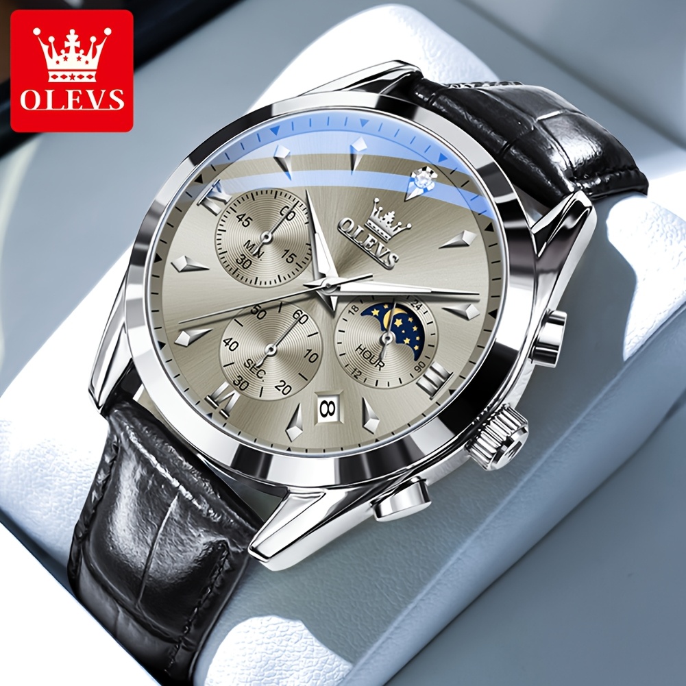Olevs Watch For Men Classic Chronograph Brown Leather Quartz Dress Large Face Men Watch Luminous Wrist Watch Romantic Gifts Relojes De Hombre Blue/black/while/brown Dial