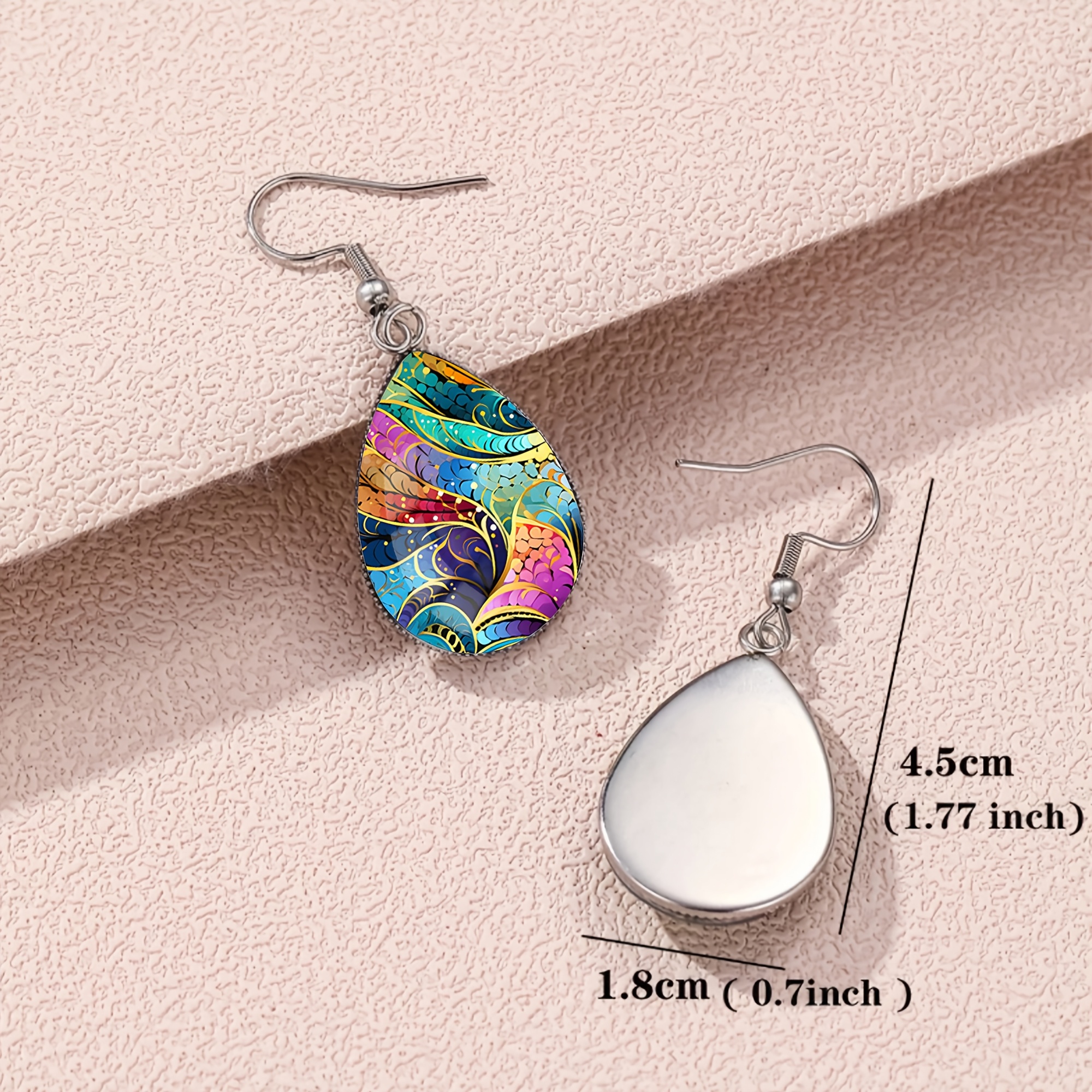 Unisex Colorful Floral Pattern Teardrop Earrings, Stainless Steel