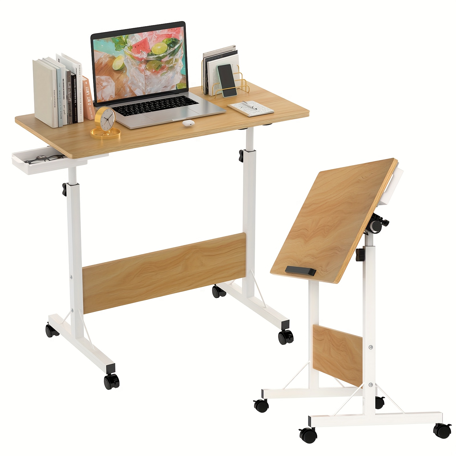 Image of Adjustable Computer Desk With A 40x80 Cm Tiltable Surface, Portable Side Table, Height-adjustable Workstation Featuring A Small Drawer, Versatile With A Sturdy Metal Frame, Laptop Stand, Nightstand