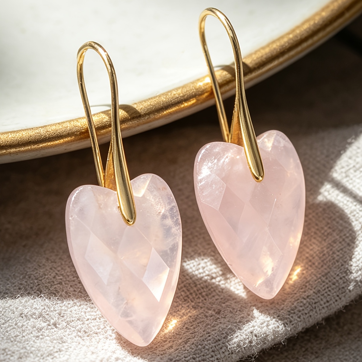 TEMU 1 Pair Of Rose Quartz Heart-shaped Pendant Earring, Handmade Earrings For Women In Summer, Beach Accessories Suitable For Daily Wear And Holiday