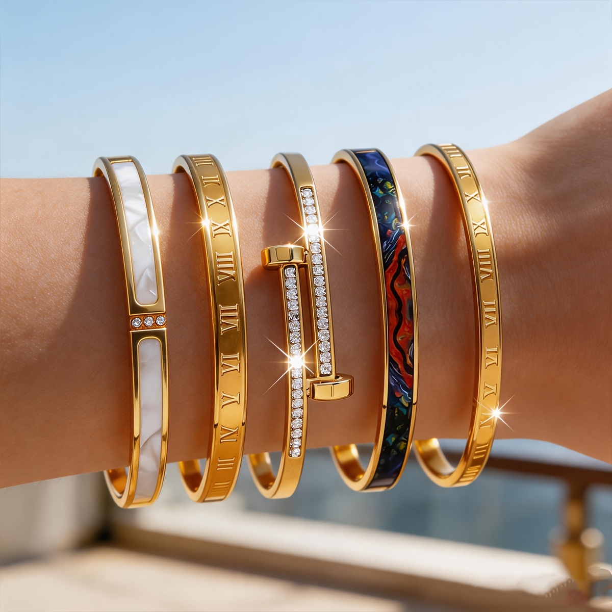 TEMU Ensemble de 5 bracelets manchette en acier inoxydable de luxe léger, style femme, ambiance mignonne et , accessoire de tous et de soirée,