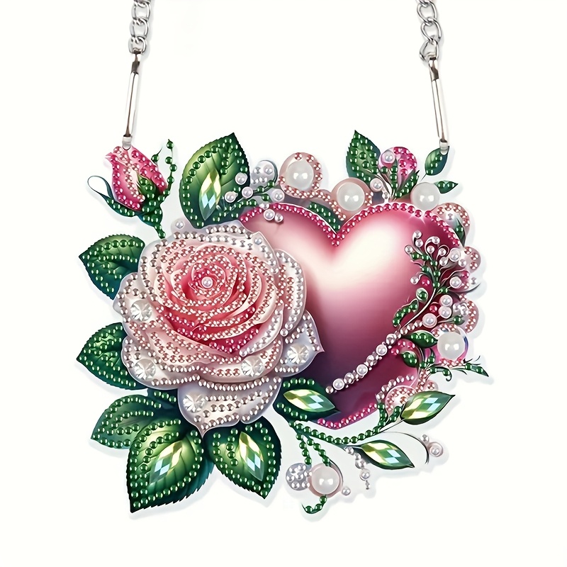 

Valentine's Day Series Diamond Painting Acrylic Pendant Kit, Diy Crystal Window Hanging Set With Roses And Heart Shapes, Irregular Shaped Diamond Home Decor For Adult Gifts And Wall Home Decoration.