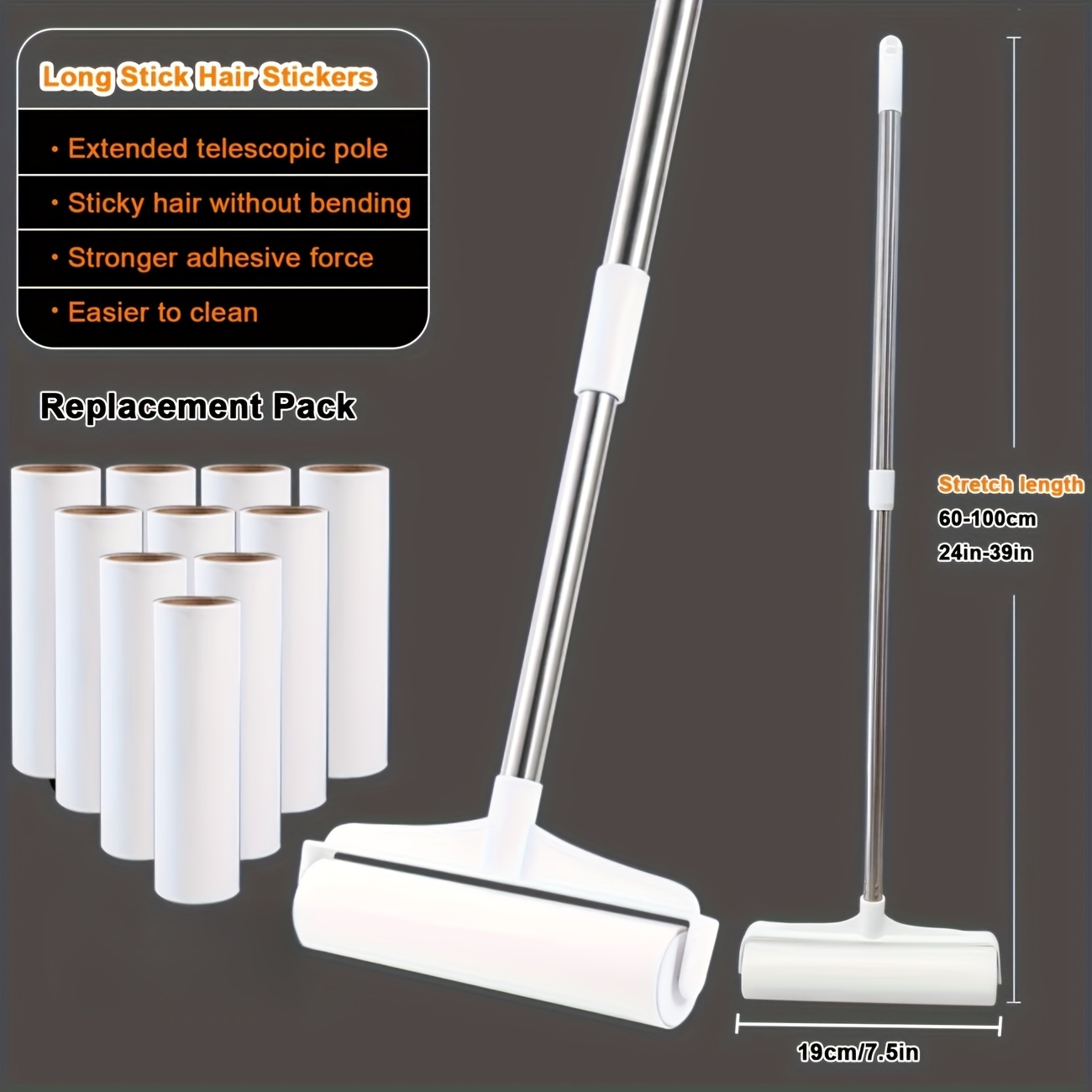 TEMU Replacement Rolls For A Lint Roller Designed For Floors, Featuring 3 Sticky Rolls Ideal For Pet Hair. It Includes A Long Handle And Is Suitable For Use On Floors, Carpets, Sofas