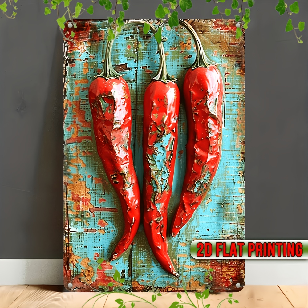 Image of 2d Flat, 1pc Vintage Wooden Wall Art Sign - Pepper Pattern On Teal Rustic Style Plaque, Wall Hanging Decoration, Suitable For , Oktoberfest, , For Holiday Products And Room Decor, 2d Flat