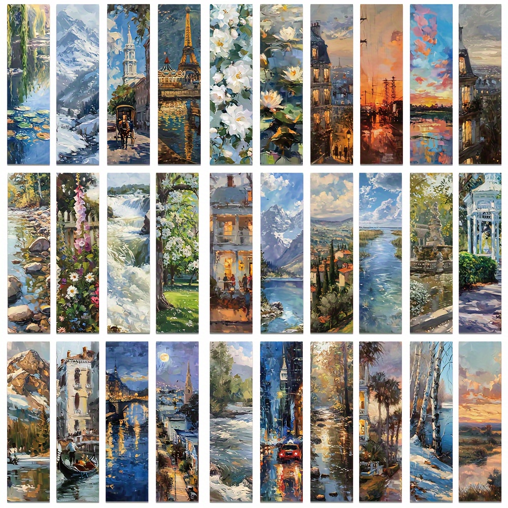 Image of 30pcs Oil Painting Landscape Bookmarks Reading Page Markers Books Annotation Student Use Paper Cards Creative Gift Decoration