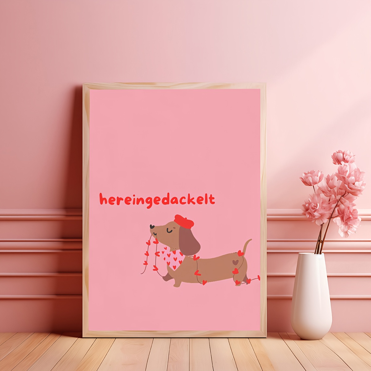 E-shop Rahmenloses Wurstenhund-Poster - Herzverwöhrendes Rot & Pink Lustige Leinwandkunst, Wasserdichte Wanddekoration für Wohnzimmer, Schlafzimmer,