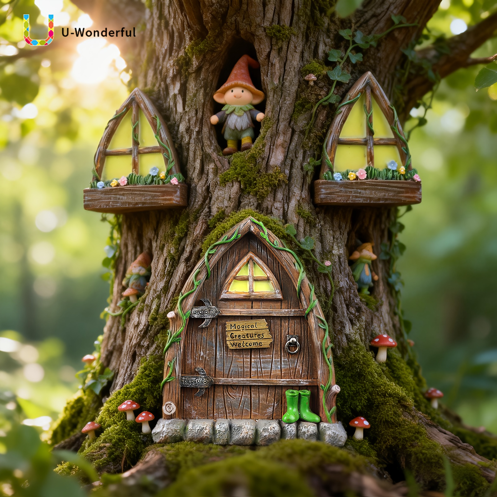 TEMU 3pcs Elf Door And Window Sculpture Decoration Set Outdoor Garden Fairy Tale Scene Decoration Elf Door And Window Wall Hanging For Tree Stump