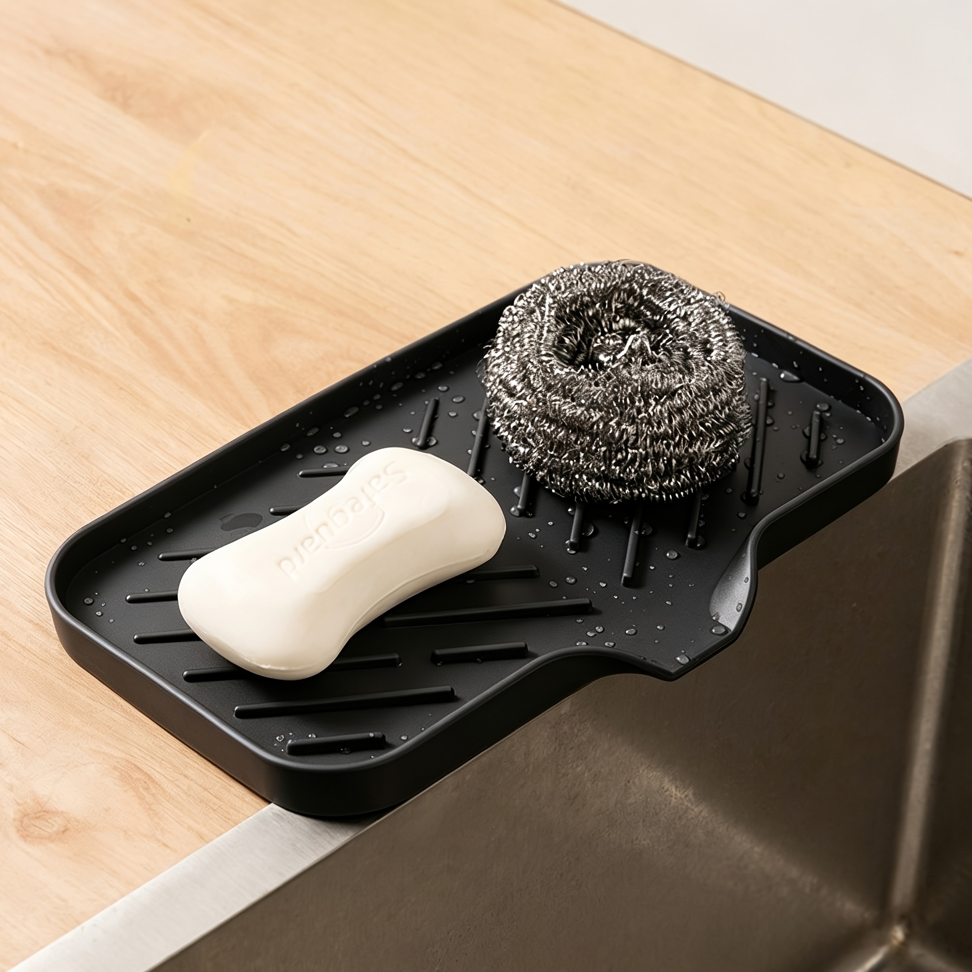 TEMU 1pc- Black Silicone Draining Tray, Multifunctional Storage Mat, Kitchen Sink Countertop Organizer For Sponge, Soap, Cup, Bathroom Accessories