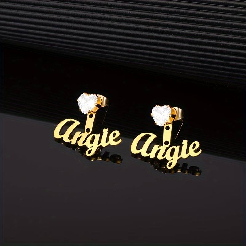 TEMU Personalized Heart-shaped Zirconia Name Stud Earrings - Elegant & Cute Stainless Steel Love Jewelry For Women, Daily Wear Or Parties