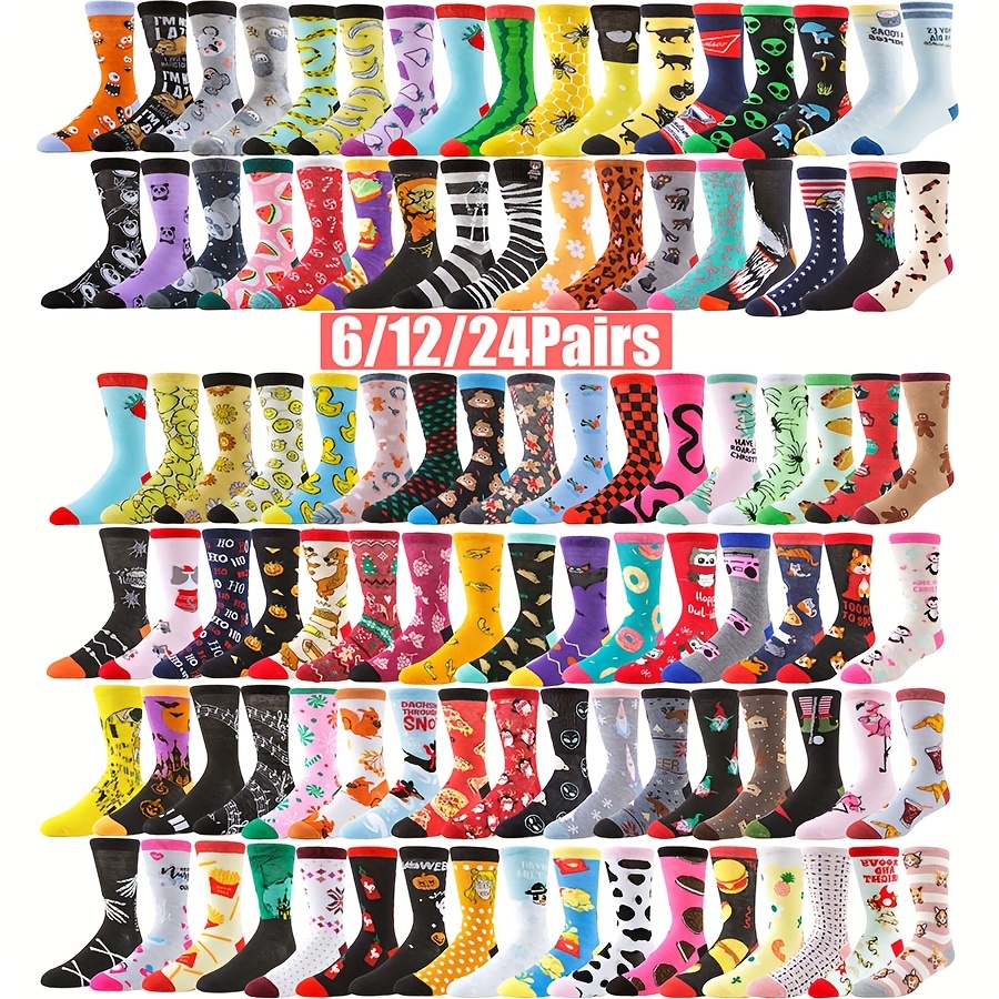 

6/12/24 Pairs Unisex Novelty Ankle Socks, Polyester Blend, Geometric Patterns, Ribbed Detail, Machine Washable, Fun Designs For Couples