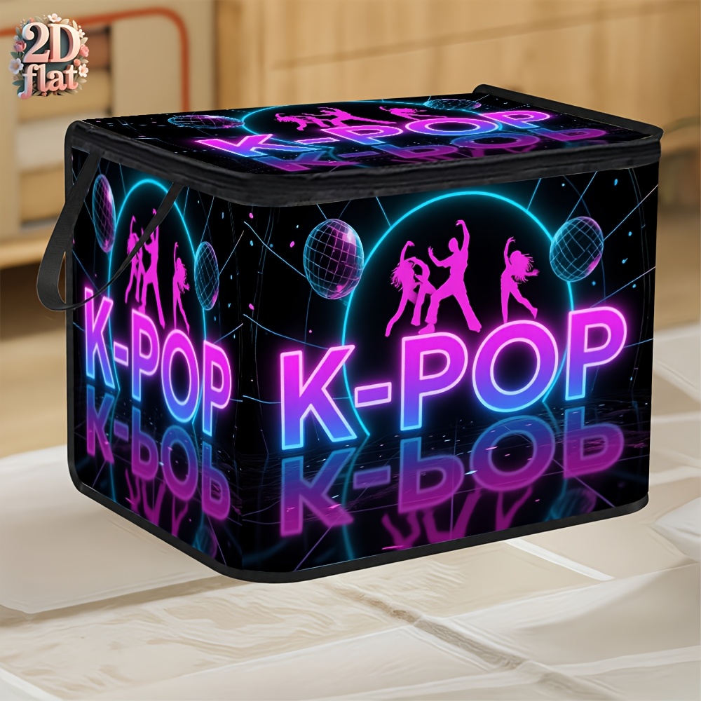 TEMU Large Capacity Foldable Basket With Lid, Neon Light, K-pop Stage Character Pattern, 2d Flat, Home Closet Folding Storage Box, Suitable For