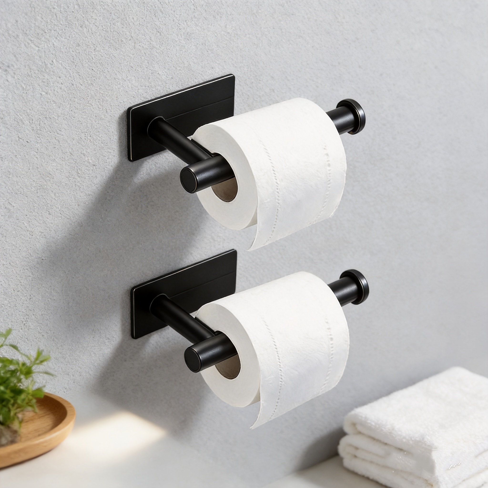 TEMU 2pcs No Drill Self Adhesive Toilet Paper Holder, Matte Black Wall Mounted Bathroom Tissue Roll Holder, Punch-free Sticky Paper Towel Dispenser