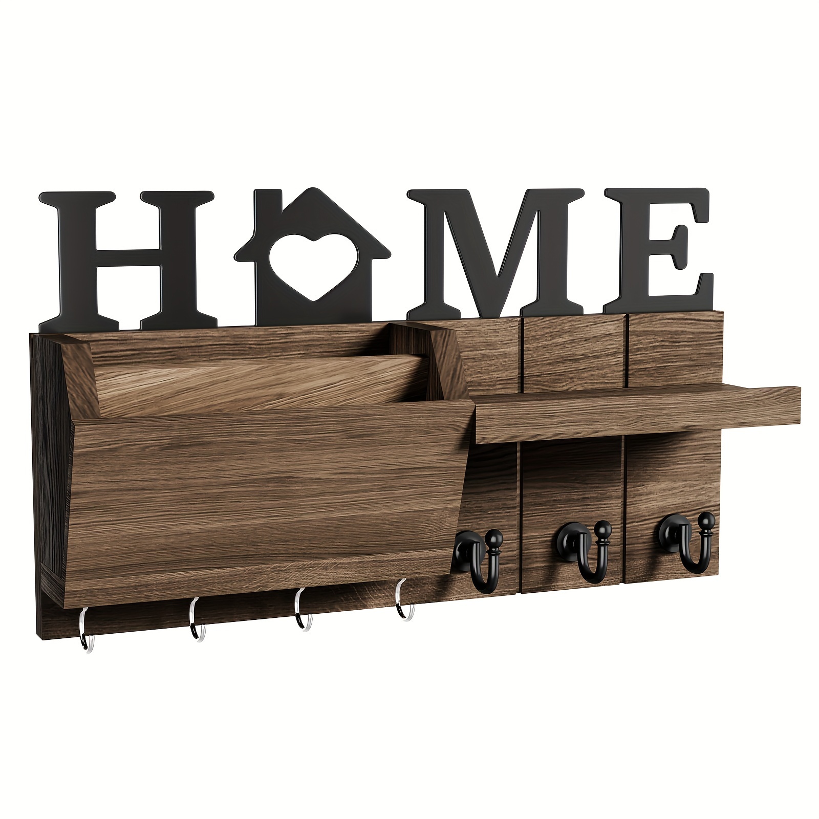 

Rustic Wooden Key And Mail Organizer With 7 Hooks - Wall-mounted Storage For Home Office Decor