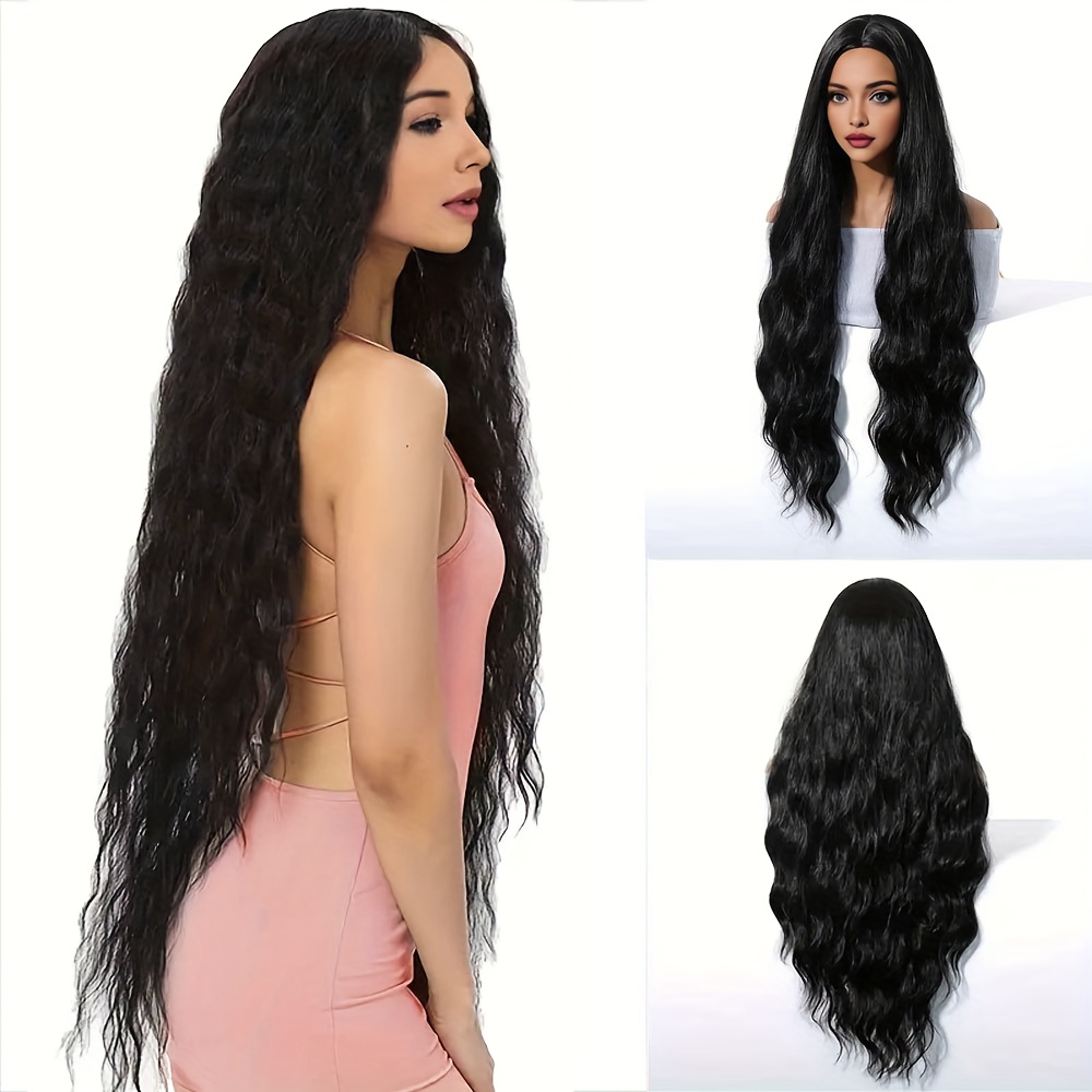 Image of 32-inch Stylish Black Deep Wave Synthetic Wig For Women - Center Part, High Density, Long Curly Heat-resistant Fiber, Ideal For Everyday Use, Music Festivals & Cosplay, Halloween, Daily Wear Wig